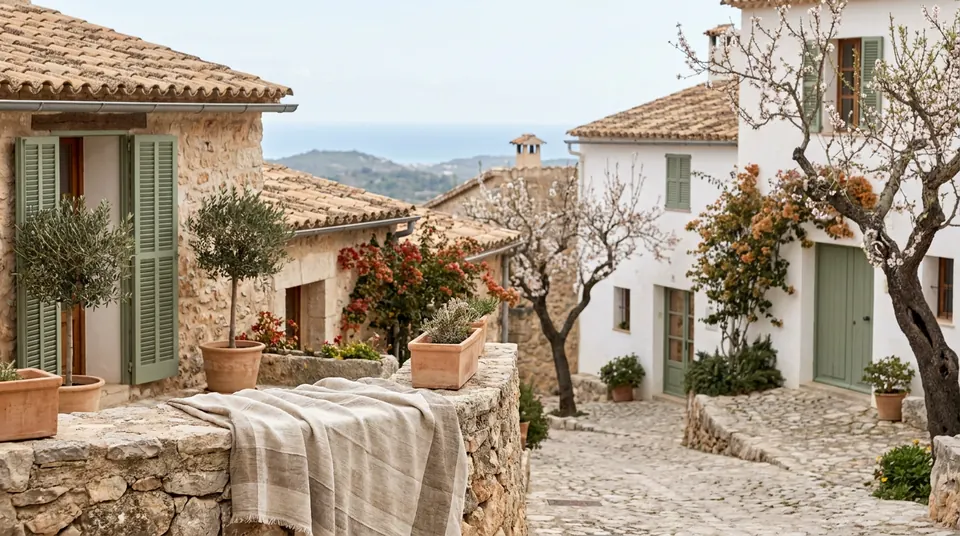Pequeño pueblo de montaña con casas de piedra y encaladas entre almendros