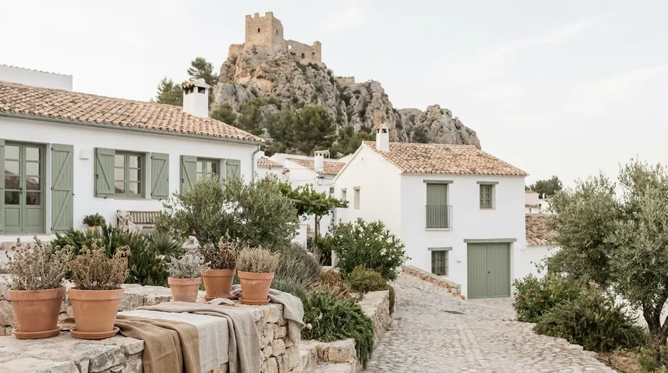 Pueblo de casas blancas en la ladera, bajo una montaña rocosa con las ruinas de un castillo