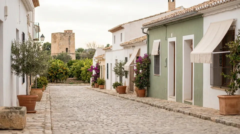 Calle de casas bajas con una antigua torre de piedra entre huertos