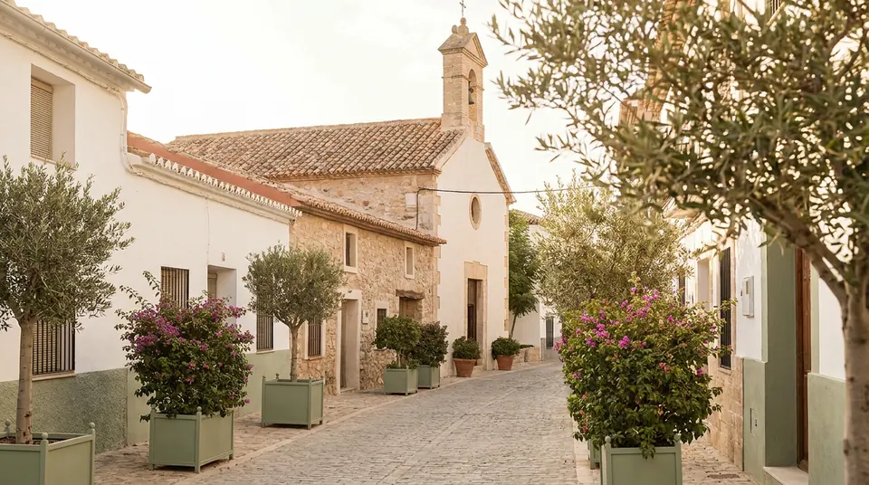 Calle residencial de casas bajas con una iglesia y árboles
