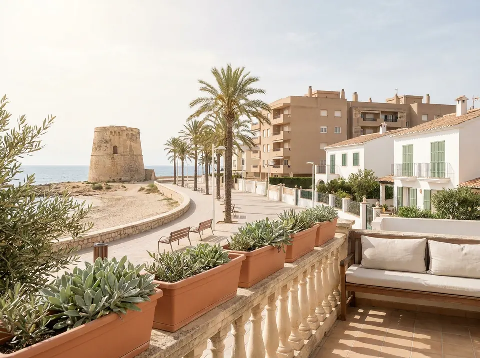 Paseo junto al mar con palmeras, edificios bajos y una antigua torre vigía en la orilla
